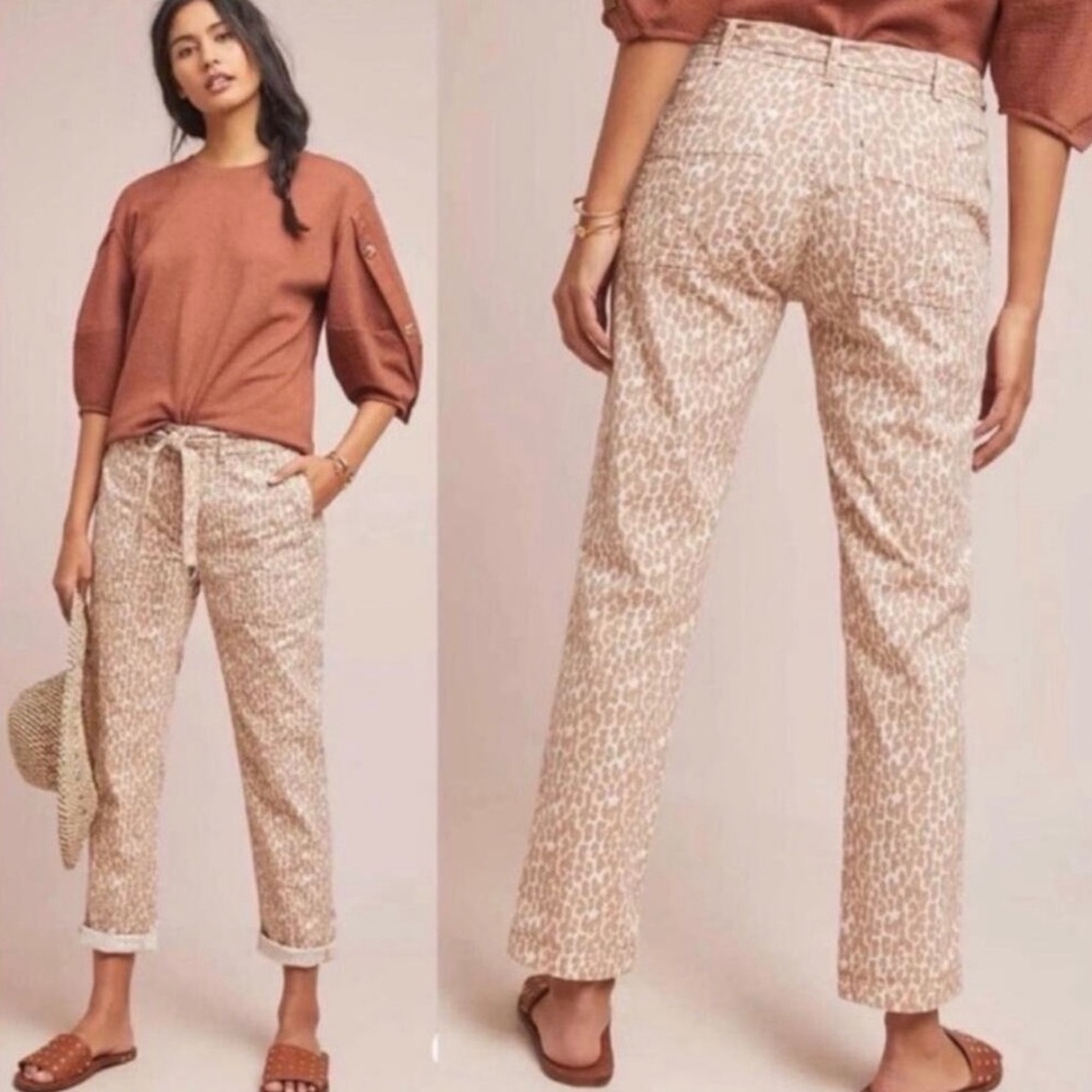 Anthropologie Beige and Cream Leopard Cropped Pants